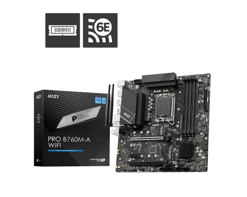 MSI PRO B760M-A WIFI, Socket 1700, INTEL B760, 4x DDR5, Maximum Memory Capacity 192GB, 2x HDMI, 2x DisplayPort, 2x PCI-E x16 slot, 2x M.2, 4x SATA 6G, mATX Motherboard | 911-7D99-007
