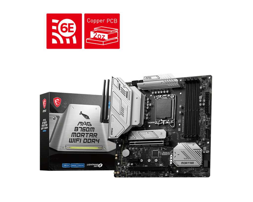 MSI MAG B760M MORTAR WIFI DDR4, Socket 1700, INTEL B760, 4x DDR4, Maximum Memory Capacity 128GB, 1x HDMI, 1x DisplayPort, 2x PCI-E x16 slot, 2x M.2, 4x SATA 6G, mATX Motherboard | 911-7E01-033