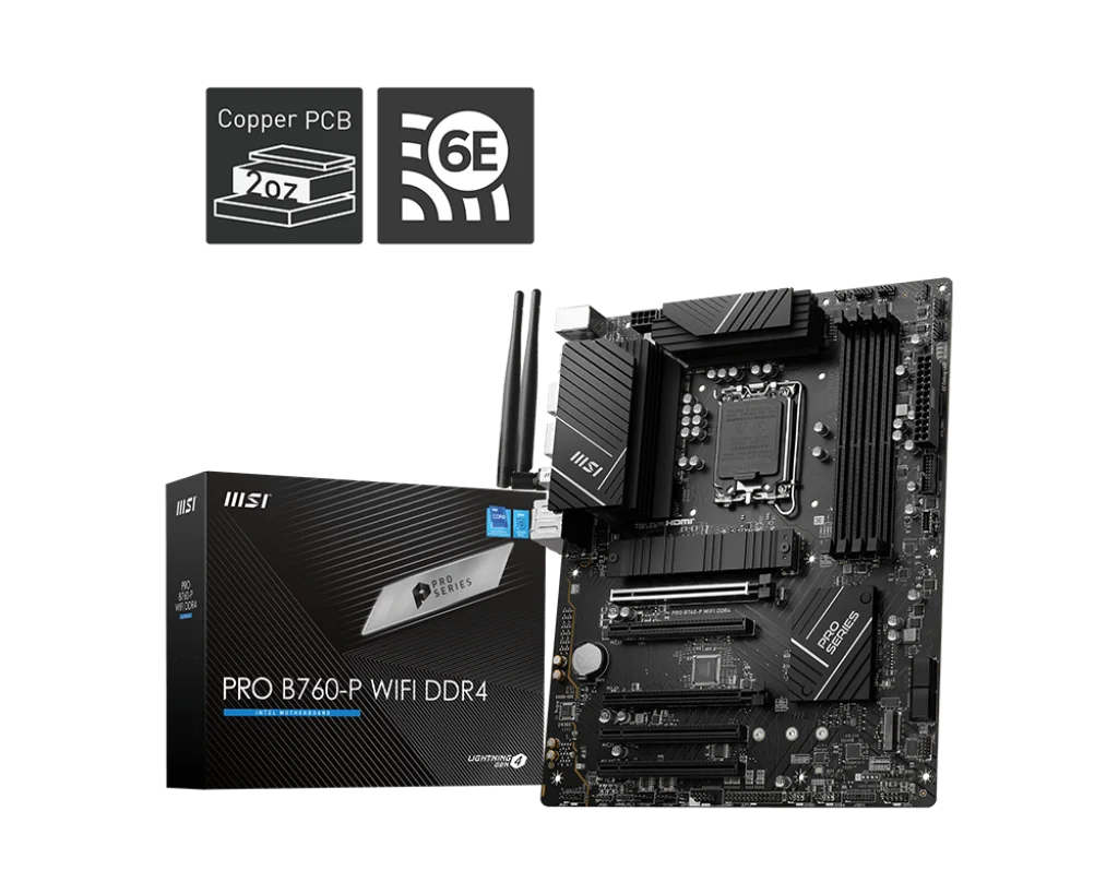 MSI PRO B760-P WIFI DDR4 , Socket 1700, INTEL B760, 4x DDR4, Maximum Memory Capacity 128GB, 1x HDMI,1x DisplayPort, 5x PCI-E x16 slot, 2x M.2, 4x SATA 6G, ATX Motherboard | 911-7D98-001