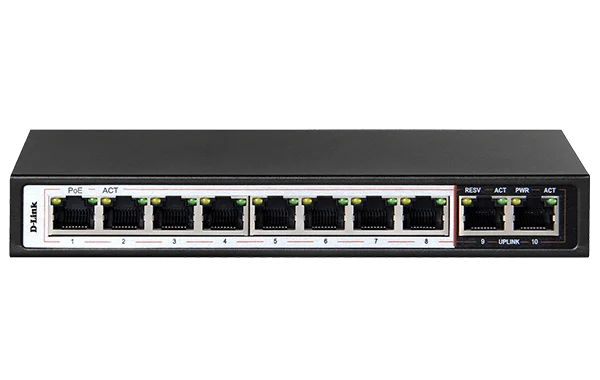 D-Link 10 Port 8 Long Reach 250m PoE Ports and 2 Uplink Ports + Surveillance Switch, 250m Transmission Distance, 10 Port 10/100 Mbps, 6kV Light Protection, 96 Watts PoE Budget, Flow Control, Black | DES-F1010P-E