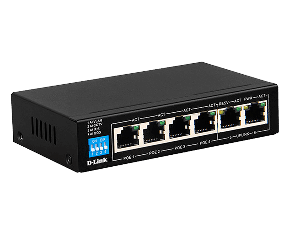 D-Link DES-F1006P-E 6-Port Unmanaged PoE Switch, Supports 10/100 Mbps  Speeds with PoE, 250m Max Distance, QoS Capabilities, 4×10/100 Mbps Fast  ETH Ports, 2×10/100 Mbps Uplink, Black