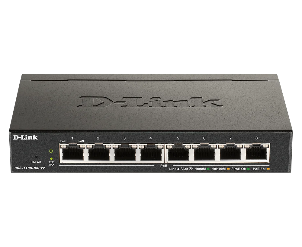 D-Link 8 Port Gigabit PoE Smart Managed Switch, 64W PoE Power Budget, Supports IEEE 802.3at PoE, Compact Design, 8 x 10/100/1000 Base Ports | DGS-1100-08PV2